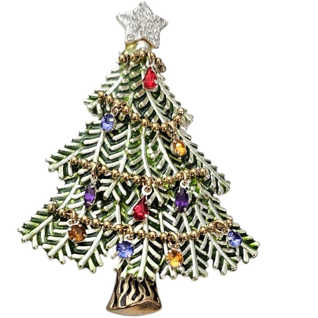 Avon 5th Christmas Tree Brooch, Pique A Jour Style Dangle Bulb Charm Pin L603
